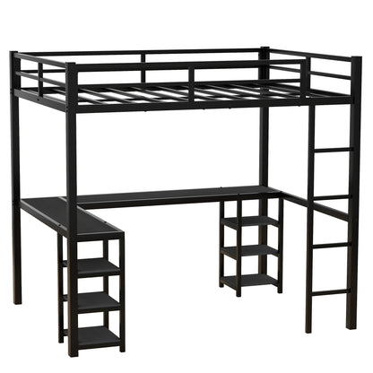Stylish Black Metal Loft Bed with Integrated Desk and Storage Shelves
