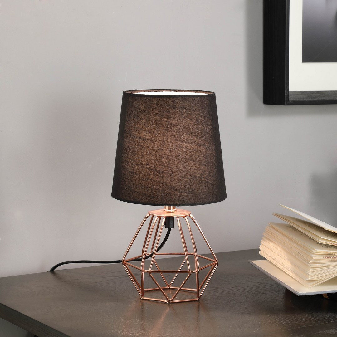 Geometric Metal Table Lamp, 11.25 in H, 6.5 in Base, Black Shade, Inline On/Off, 120V, E12 Bulb, Copper