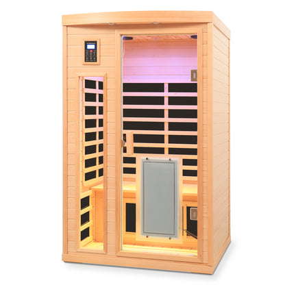 Two-Person Hemlock Far-Infrared Sauna with FrontDoor Heating Panel, Low EMF, LCD, Bluetooth, Natural