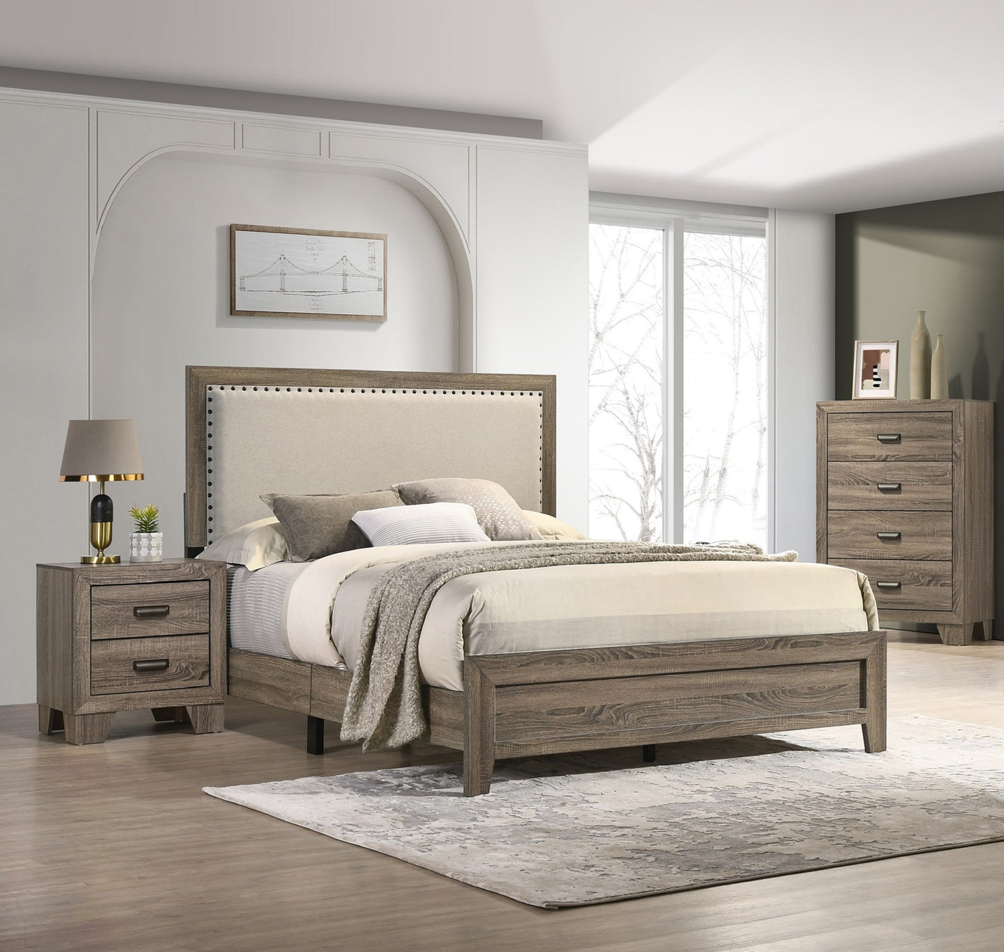 Elegant Grey Fabric Upholstered Queen Size Bed with Tufted Headboard and Nailhead Trim - Stylish Wooden Furniture for Your Bedroom