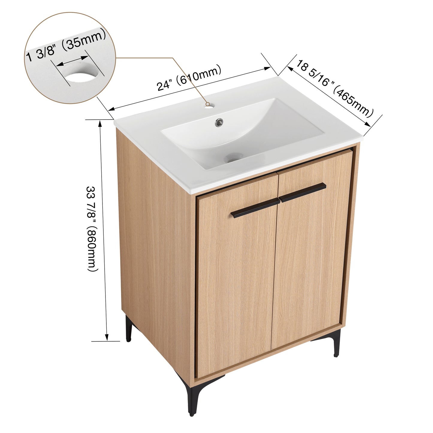 24-Inch Oak Bathroom Vanity with Ceramic Basin and Storage Cabinet