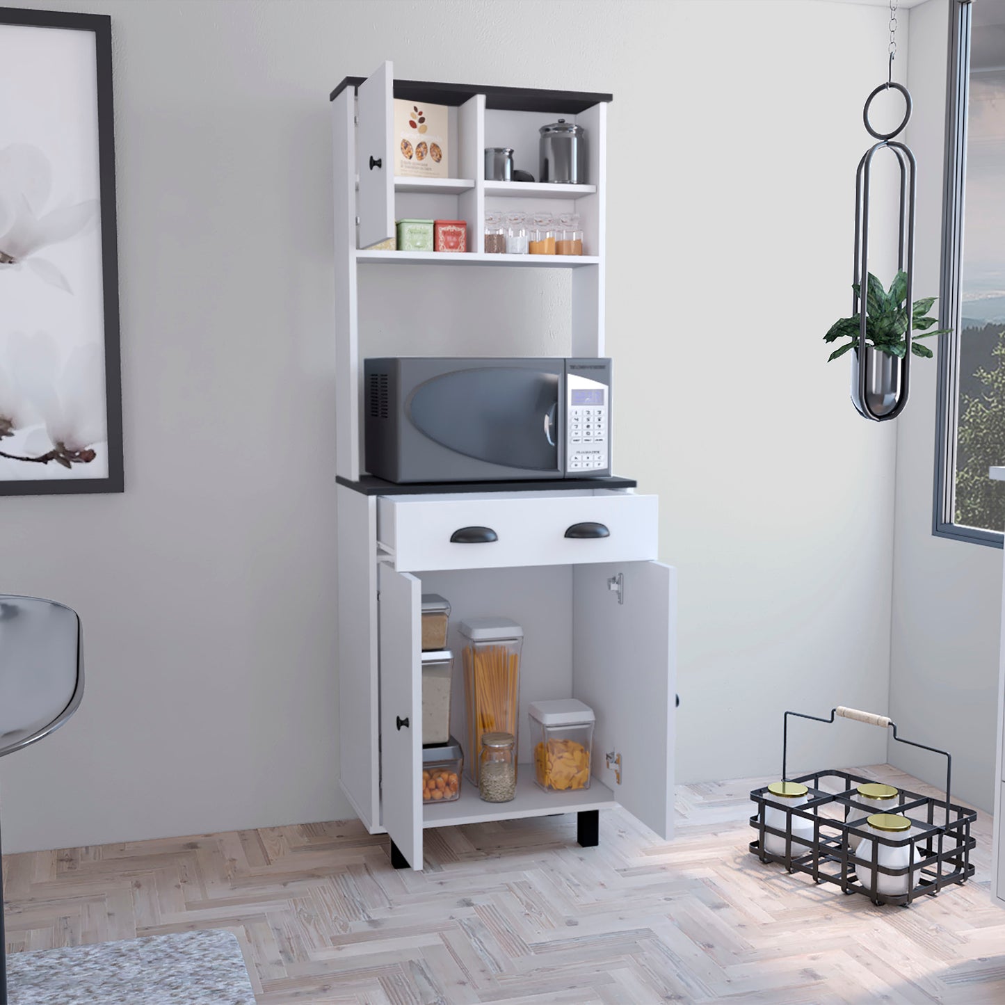 Modern Multicolor Kitchen Pantry with Cabinets, Open Shelves, and Drawer