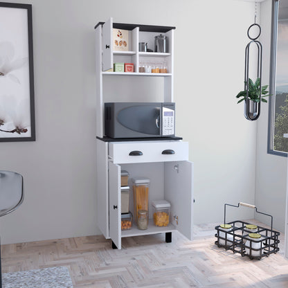 Modern Multicolor Kitchen Pantry with Cabinets, Open Shelves, and Drawer