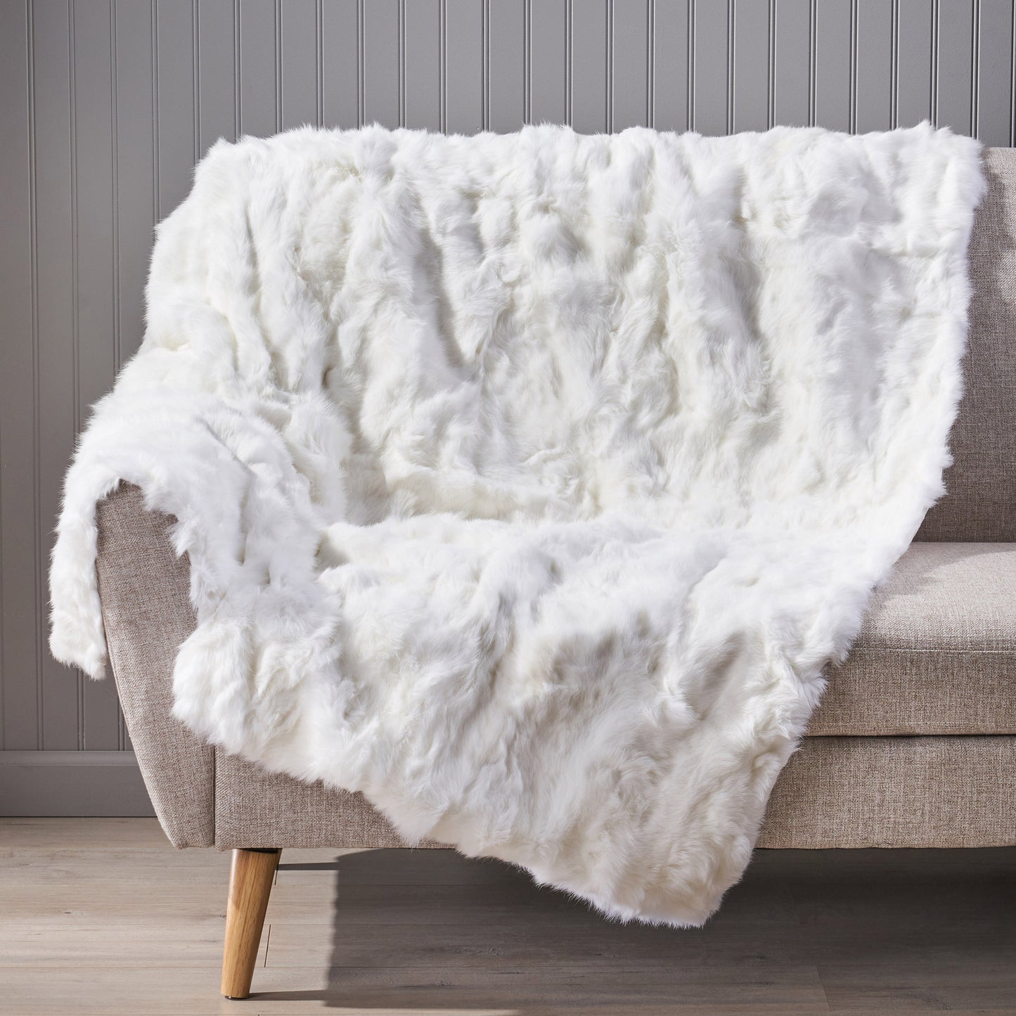Glam Faux Rabbit Fur Throw Blanket for Bed or Sofa, 50 x 60 in, Soft Plush, Dry Clean Only, Front White Fur, Back Ivory