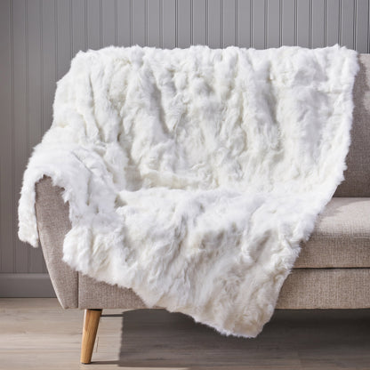 Glam Faux Rabbit Fur Throw Blanket for Bed or Sofa, 50 x 60 in, Soft Plush, Dry Clean Only, Front White Fur, Back Ivory