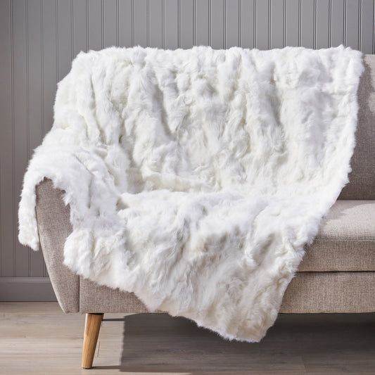 Glam Faux Rabbit Fur Throw Blanket for Bed or Sofa, 50 x 60 in, Soft Plush, Dry Clean Only, Front White Fur, Back Ivory