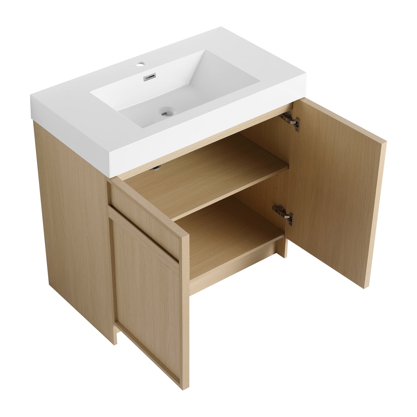 Modern 36" Freestanding Oak Bathroom Vanity with Soft-Close Doors & Integrated White Resin Sink