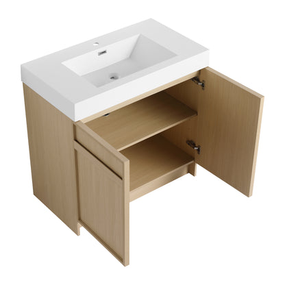 Modern 36" Freestanding Oak Bathroom Vanity with Soft-Close Doors & Integrated White Resin Sink