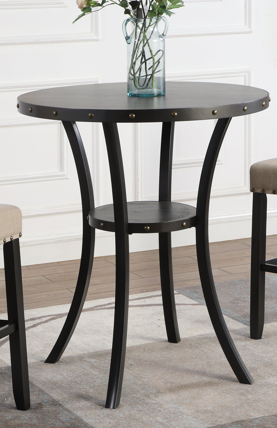 3-Piece 36-Inch Round Bar Table Set with 2 Pub Chairs Gray Fabric, Wood Top, Metal Frame, Espresso finish