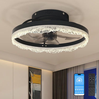 16-Inch LED Ceiling Fan with Light, Flush Mount, Hidden Blades, Dimmable Remote, Crystal Ring Black