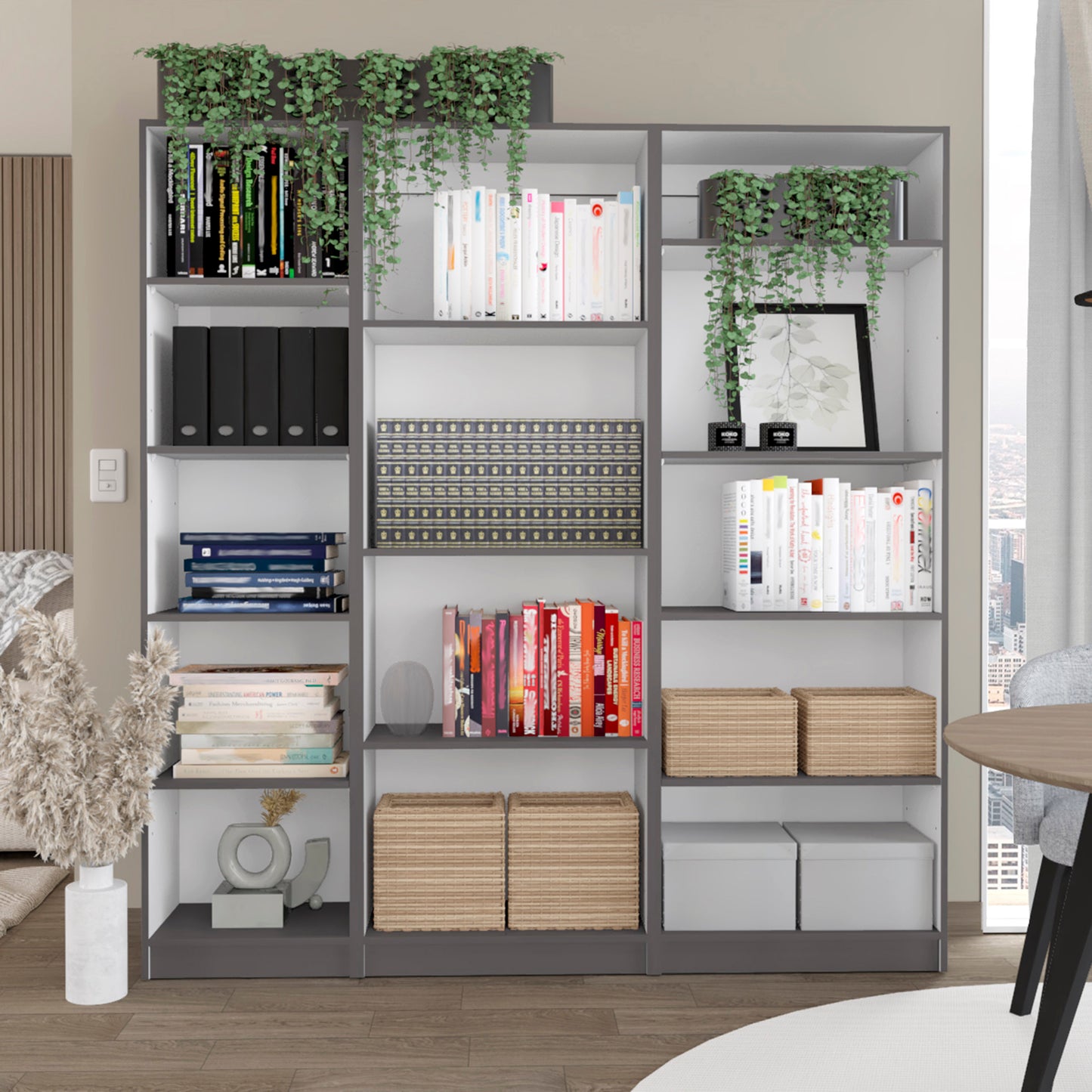 Modern 3-Piece Bookcase Set with 14 Shelves - Matt Gray and White Finish for Living Room