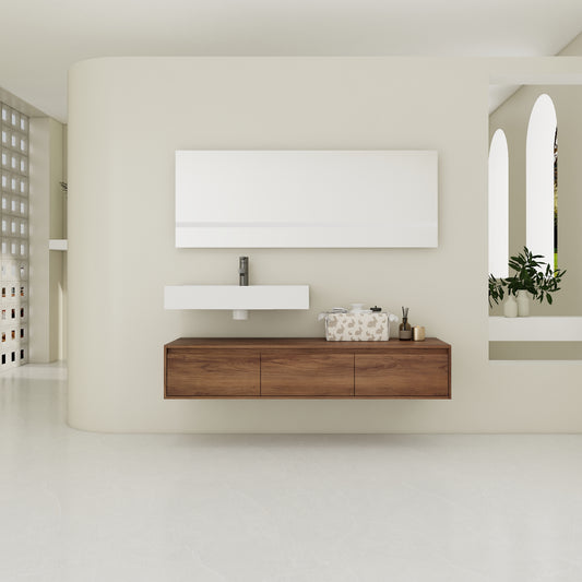 Contemporary 60-Inch Wall-Mounted Bathroom Vanity with Resin Sink and Soft-Close Drawers