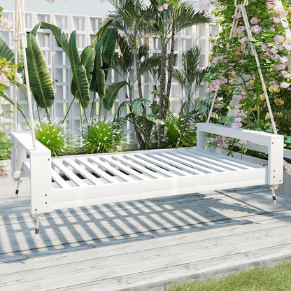 Twin Size Porch Swing Bed Seating Group For Patio Garden Acacia Wood Frame With Hemp Ropes Weather Resistant White
