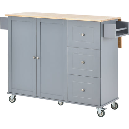 Versatile Rolling Kitchen Island with Solid Wood Top, Locking Wheels & Ample Storage - 52.7 Inch (Grey Blue)