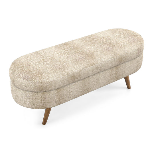 Oval Storage Ottoman Bench with Rubber Wood Legs, 43.5 x 16 x 16 in, 250 lb Capacity, Footstool, Gray