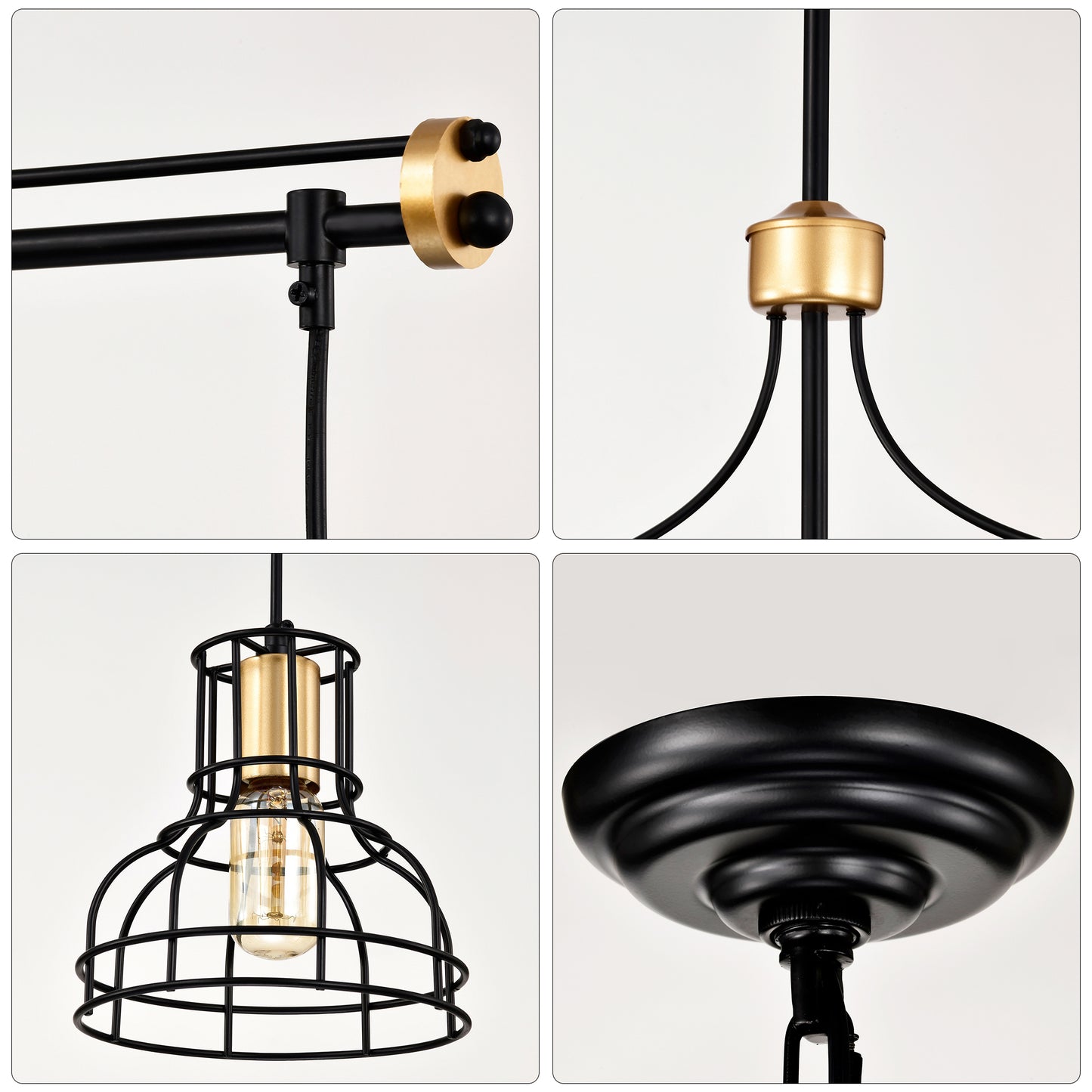 40-Inch Linear 4-Light Farmhouse Chandelier for Island, Metal Shade, Adjustable, Matte Black & Matte Gold