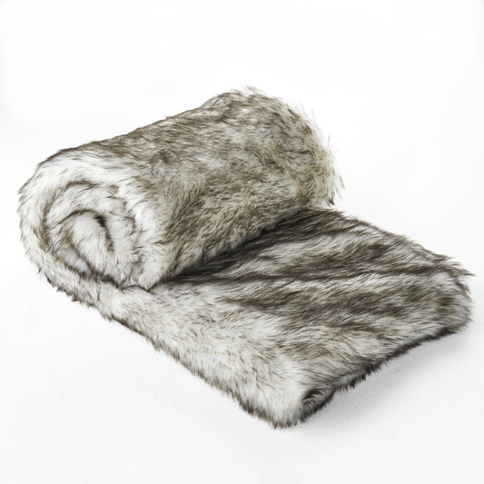 Premium Faux Fur Throw Blanket, 50x60 in, Plush Sofa & Bed Cover, Living Room, White and Grey Streaks