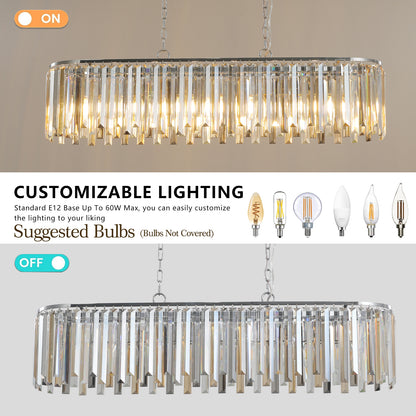 Modern Oval Crystal Chandelier for Dining Room, 39in L x 9.8in W, 8-Light, K9 Crystal, Chrome