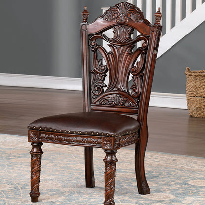 Traditional Dining Side Chair Set of 2, Solid Wood, Leatherette, Carved Back, Nailhead Trim Dark Brown