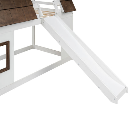Wooden Twin House Bunk Bed with Roof, Ladder, and Slide in White and Brown