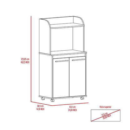 White 2-Door Kitchen Pantry with Microwave Shelf and Caster Wheels