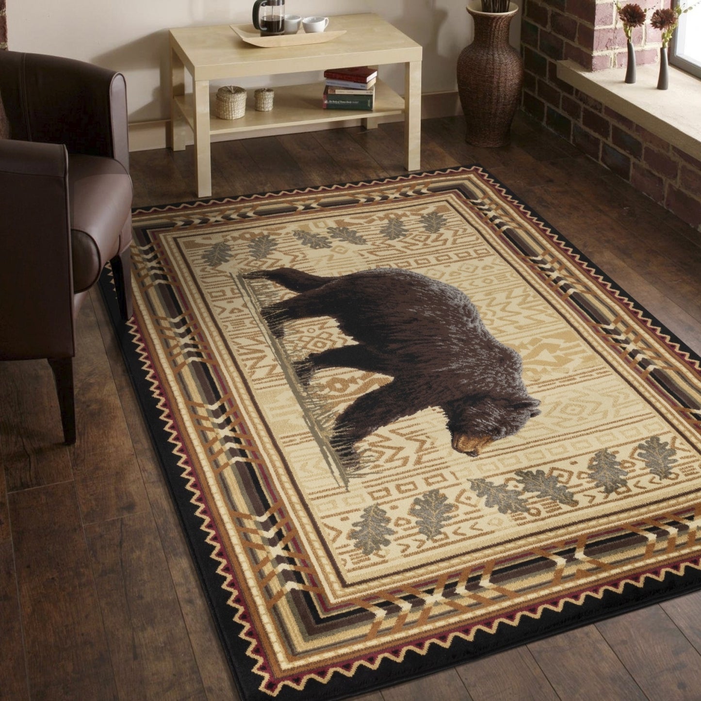 Lodge Bear Southwest Area Rug, 7'10" x 10'3", Polypropylene, Stain-Resistant, Jute Backing, Black