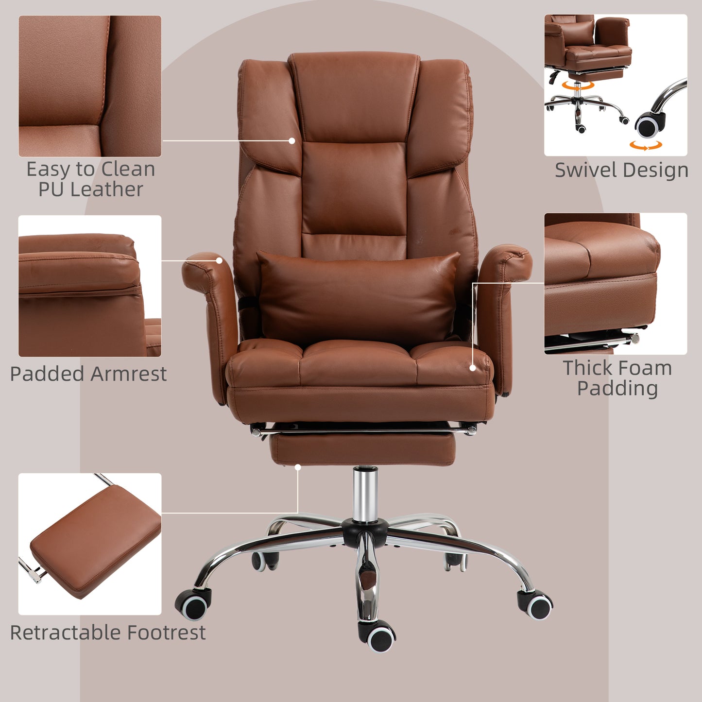 Ergonomic PU Leather Executive Desk Chair with Footrest and Adjustable Lumbar Support, Brown
