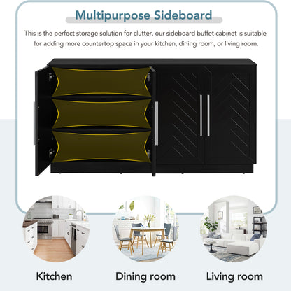 TREXM Sideboard with 4 Doors Large Storage Space Buffet Cabinet with Adjustable Shelves and Silver Handles for Kitchen, Dining Room, Living Room (Black)