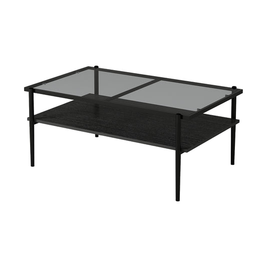 Rectangular Modern Coffee Table with Tempered Glass Top and MDF Base, Iron Legs, Easy Assembly Gray