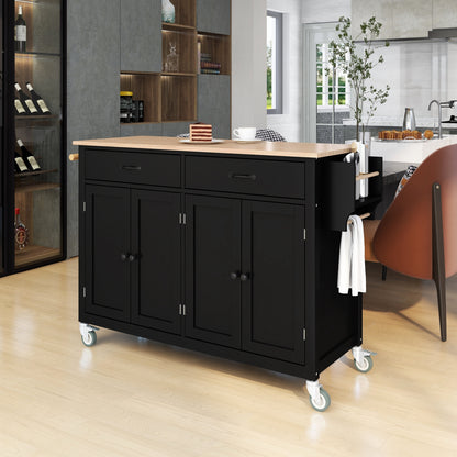 Versatile Kitchen Island Cart with Locking Wheels, Solid Wood Top, Ample Storage and Spice Rack (Black)