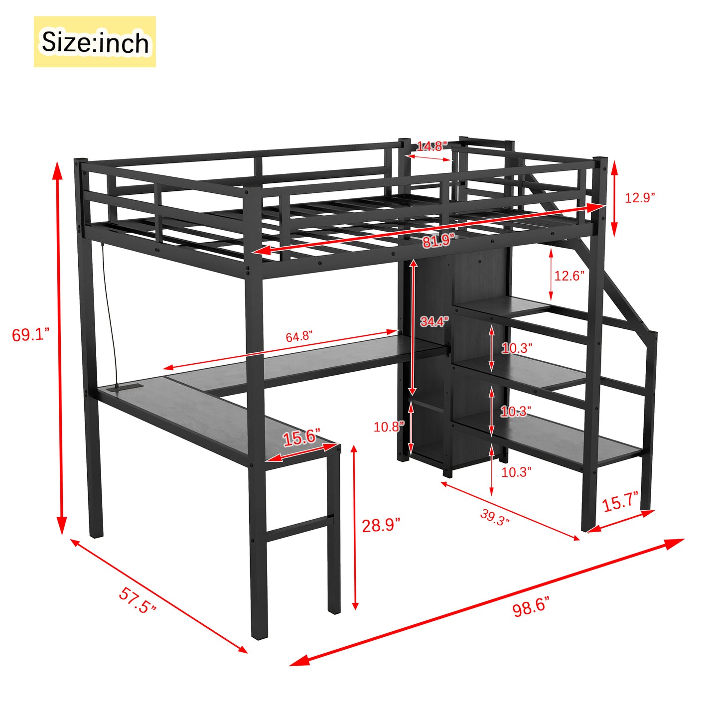 Full XL Metal Loft Bed with L-Shaped Desk, Wardrobe, USB Charging, and LED Lighting for Teens and Adults - Black
