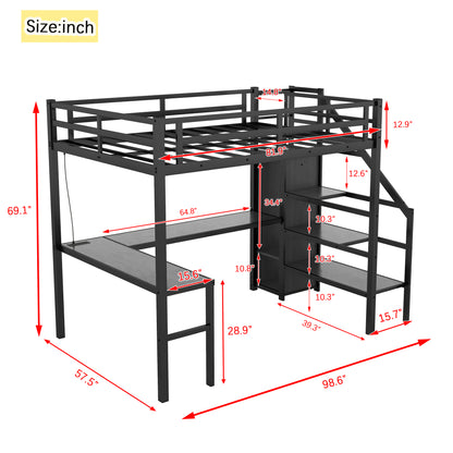 Full XL Metal Loft Bed with L-Shaped Desk, Wardrobe, USB Charging, and LED Lighting for Teens and Adults - Black