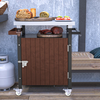 Rolling Outdoor Grill Cart with Stainless Steel Surface, Versatile Patio Kitchen Island, Mobile BBQ Serving Station with Storage, Hooks, and Spice Rack