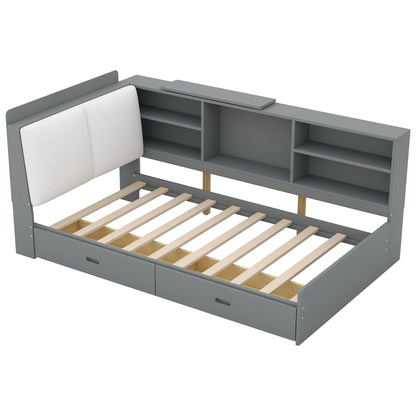 Gray Wood Twin Platform Bed with Storage Headboard, Shelves, and Dual Drawers