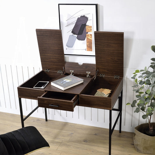 Oak and Black USB Writing Desk with Single Storage Drawer
