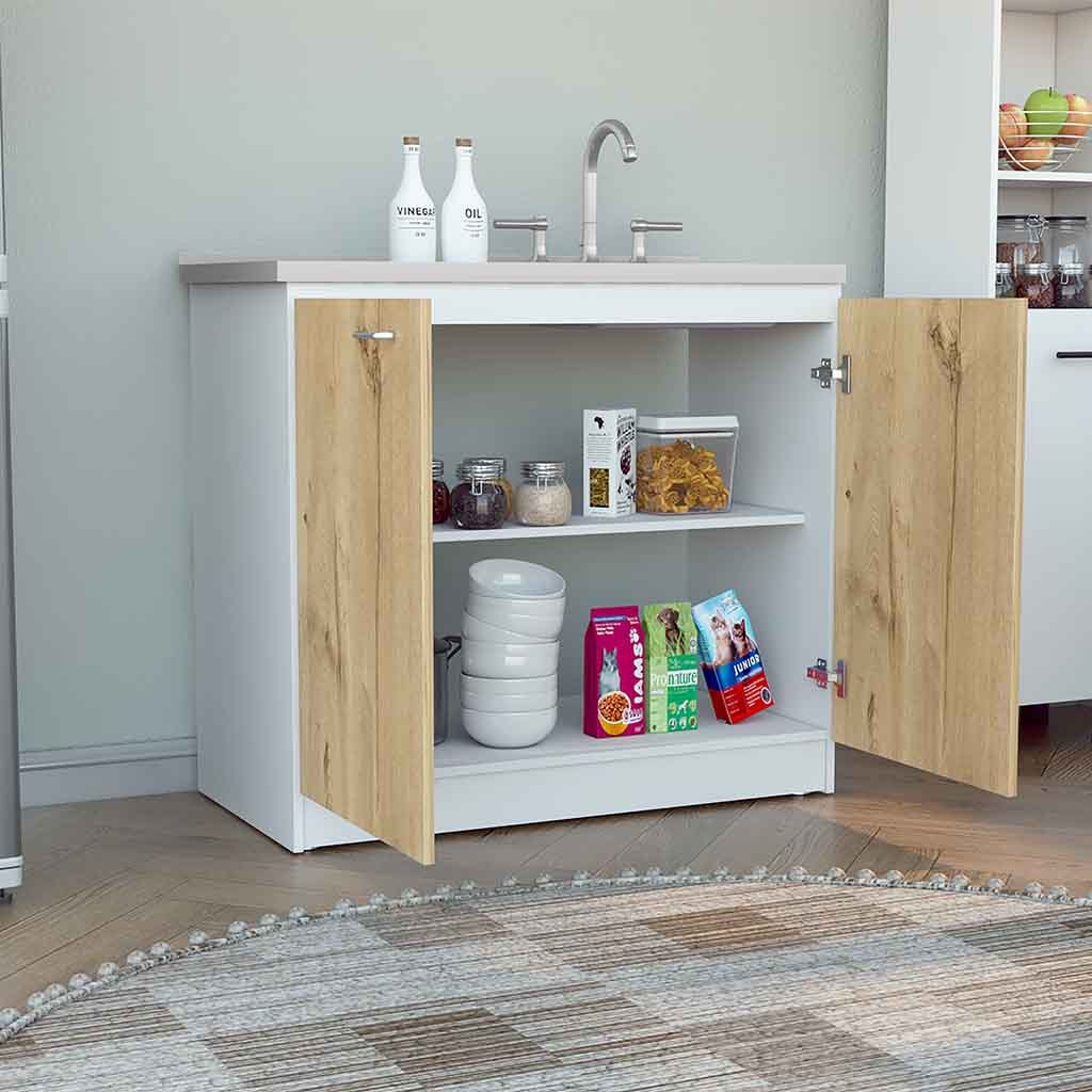 Modern Napoles Kitchen Utility Sink Cabinet with Double Doors and Shelf - White/Light Oak