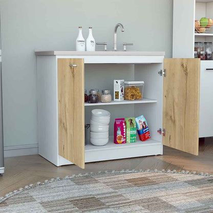 Modern Napoles Kitchen Utility Sink Cabinet with Double Doors and Shelf - White/Light Oak