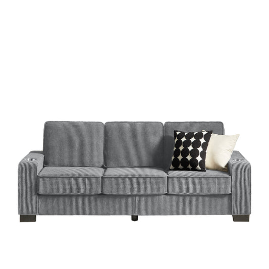 Three-Seater Corduroy Sofa with Cupholders, High-Density Foam, Modern Living Room or Office Couch, 84-Inch Length, Gray