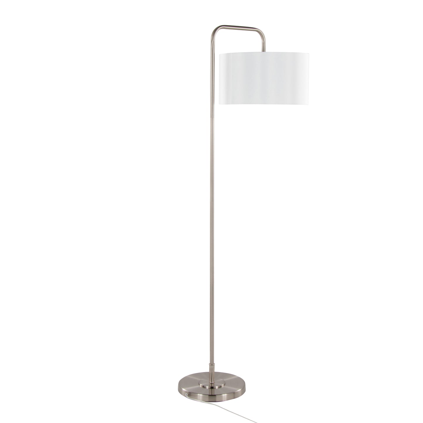 63-Inch Contemporary Metal Floor Lamp with Linen Shade Arc Neck, Foot Switch, Living Room, Brushed Nickel