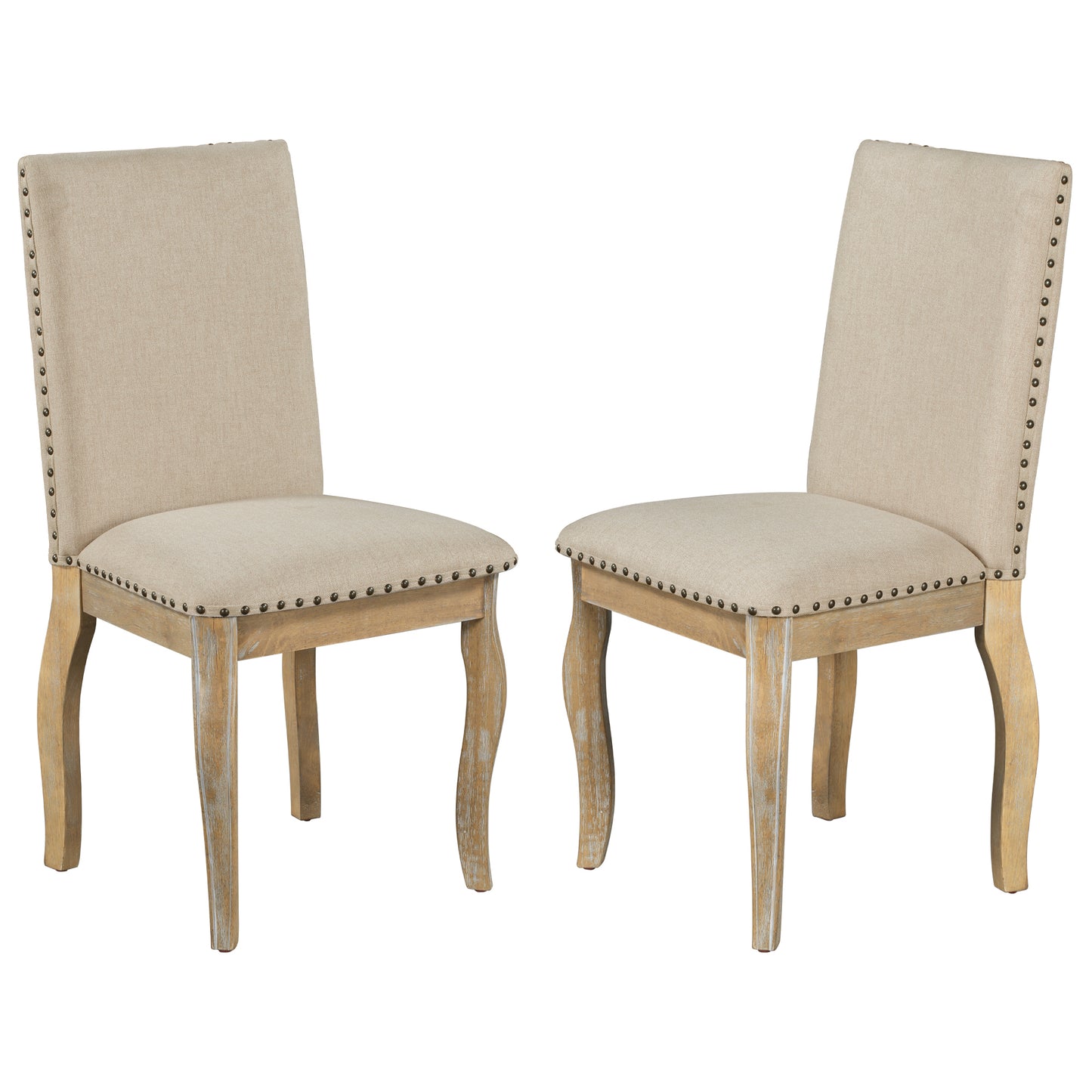 Set of 4 Solid Wood Dining Chairs with Upholstered Fabric, Nailhead, 250 LB Capacity, Natural Wood Wash