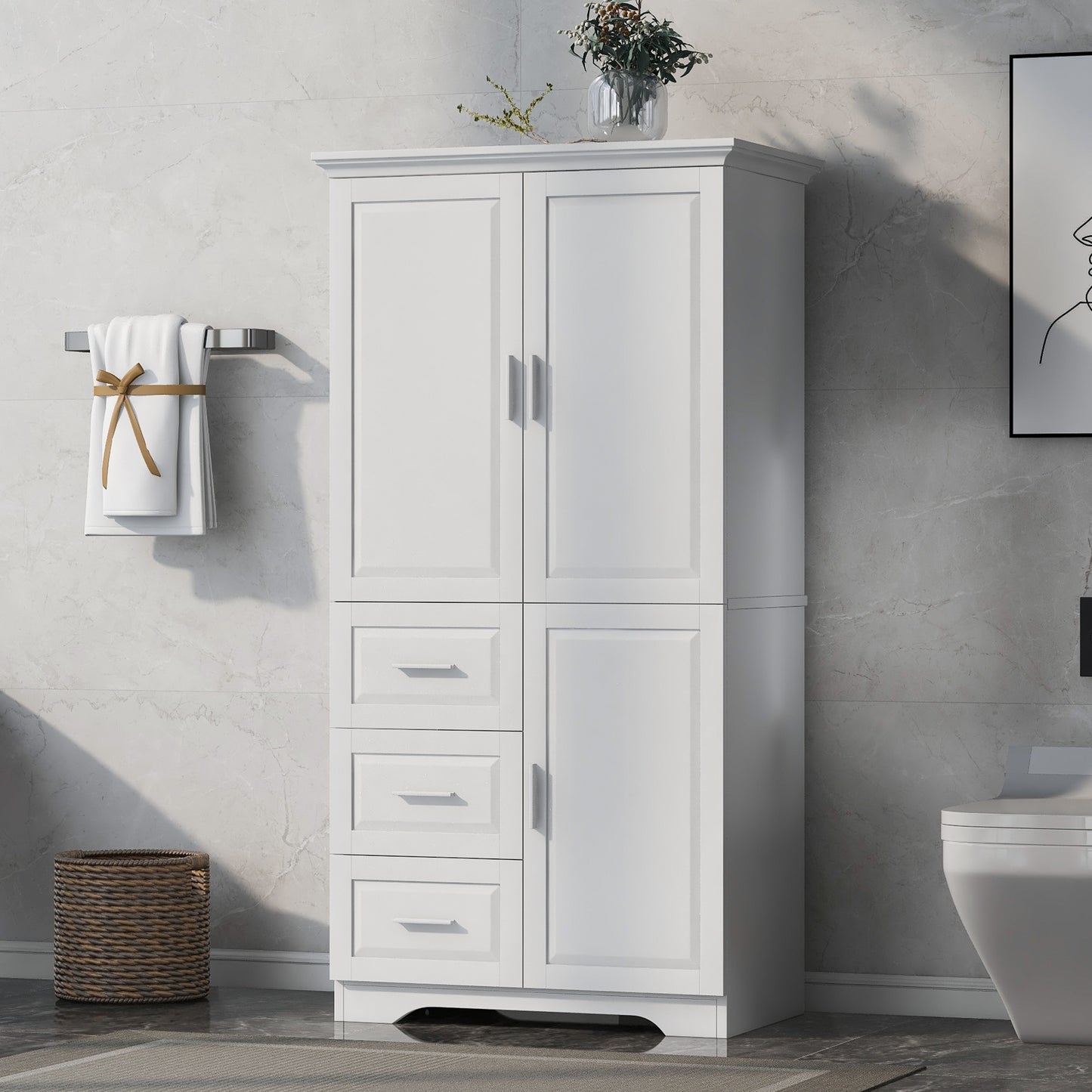 Versatile Tall Storage Cabinet with Doors and Drawers for Bathroom, Office, or Kitchen - White MDF Design