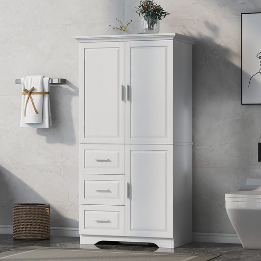 Versatile Tall Storage Cabinet with Doors and Drawers for Bathroom, Office, or Kitchen - White MDF Design