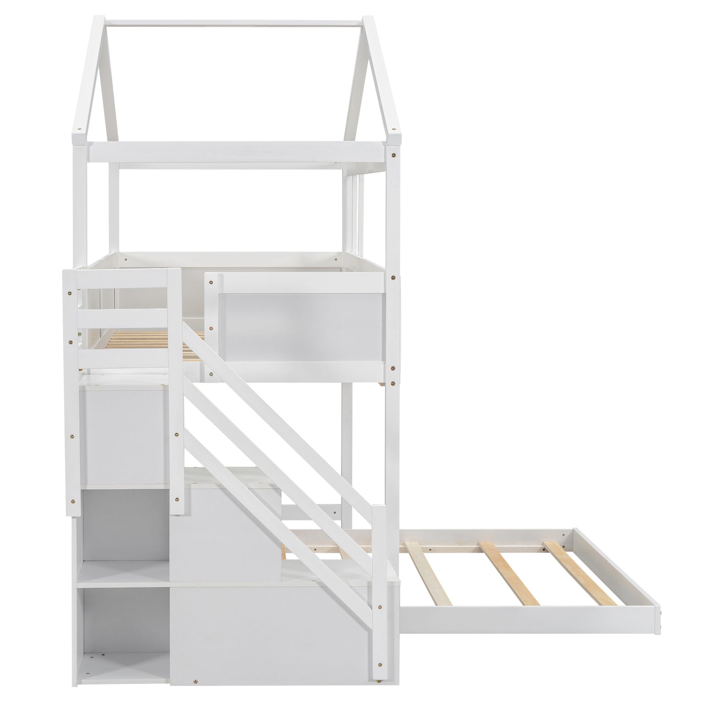 Whimsical Twin over Full House Bunk Bed with Storage Steps and Blackboard, White