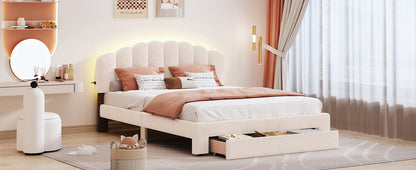 Beige Teddy Fleece Queen Upholstered Platform Bed with Storage Drawer