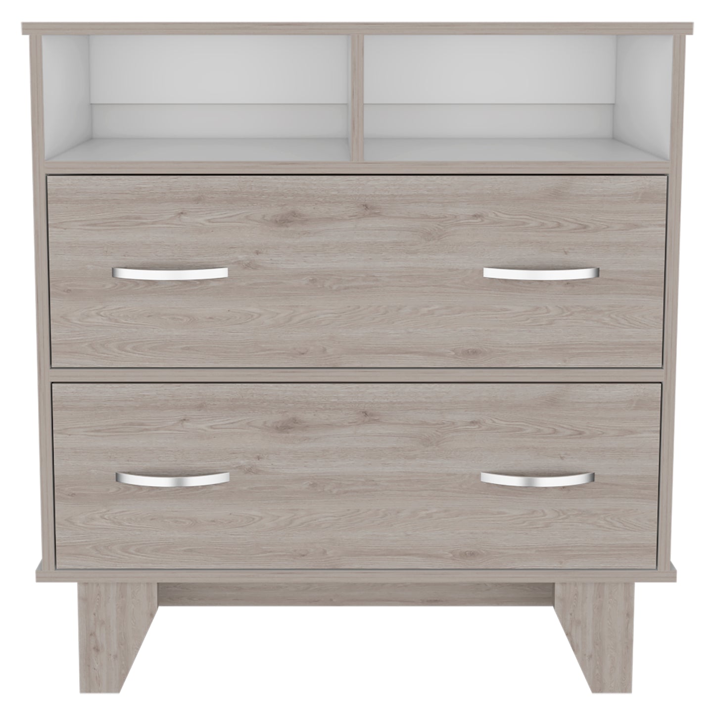 Portanova Modern Light Gray and White Dresser with Two Drawers and Open Shelves