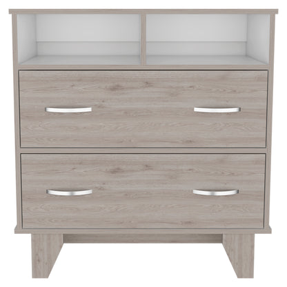 Portanova Modern Light Gray and White Dresser with Two Drawers and Open Shelves