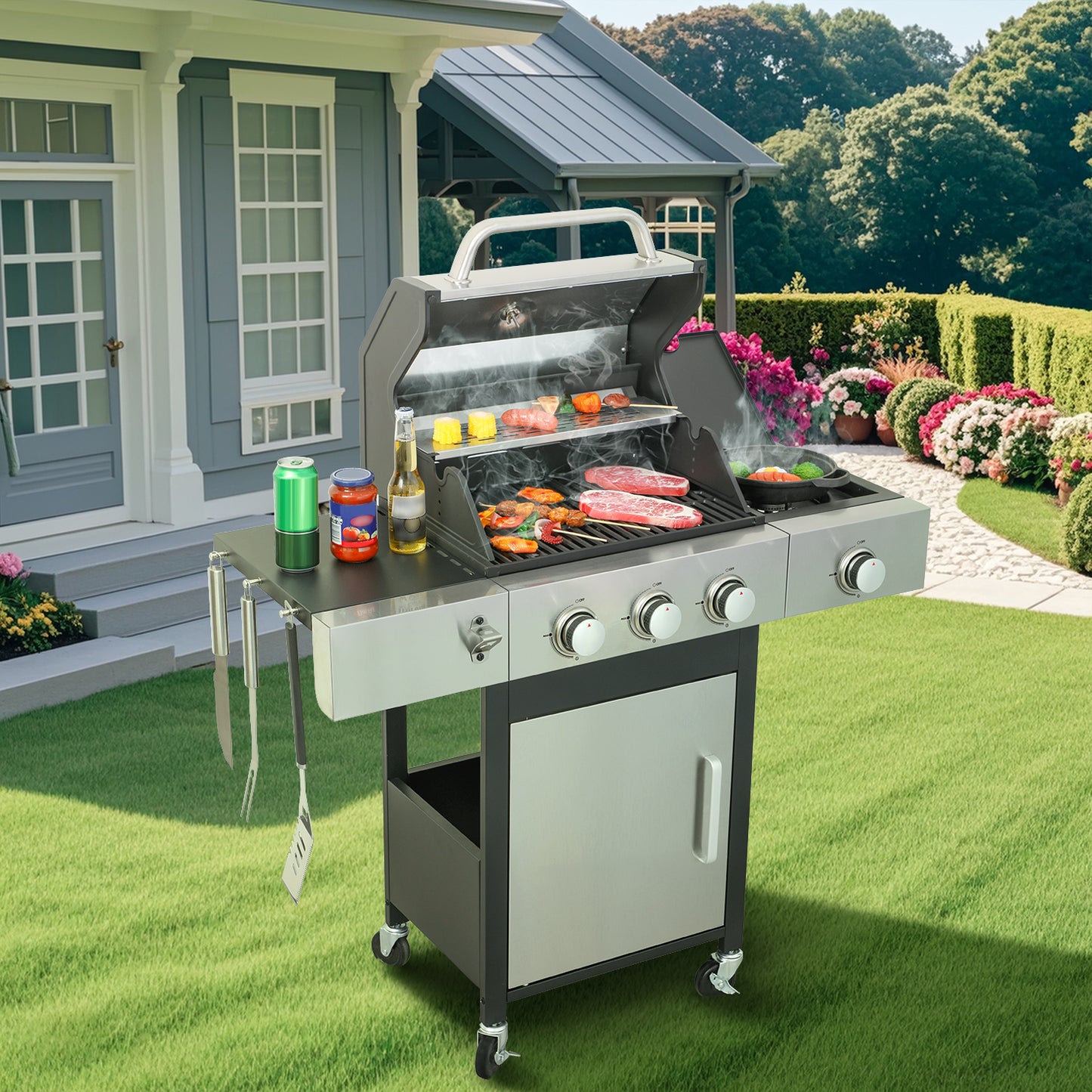 Three-Burner Propane Grill With Side Burner, 37,230 BTU, Enameled Cast Iron Grids, Stainless Steel Black and Silver