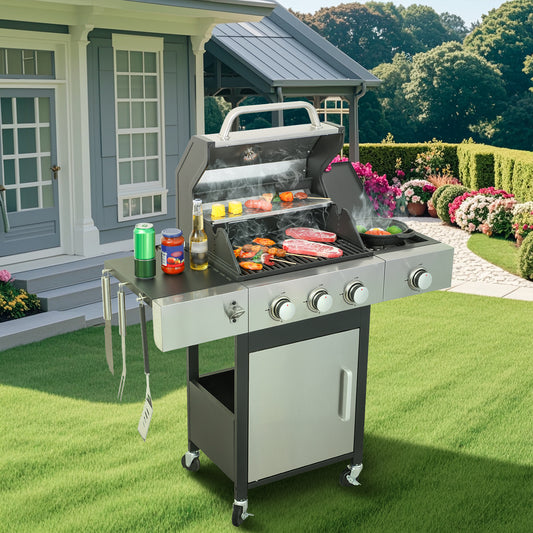 Three-Burner Propane Grill With Side Burner, 37,230 BTU, Enameled Cast Iron Grids, Stainless Steel Black and Silver