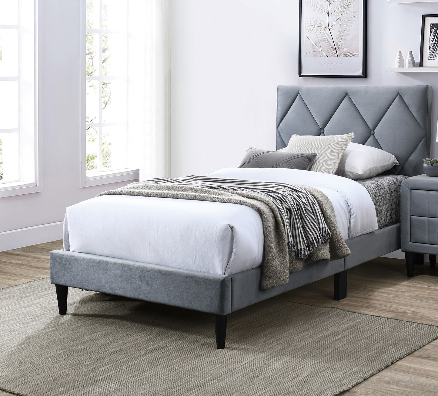 Luxurious Grey Velvet Full Size Bed with Adjustable Headboard for Youth Bedrooms