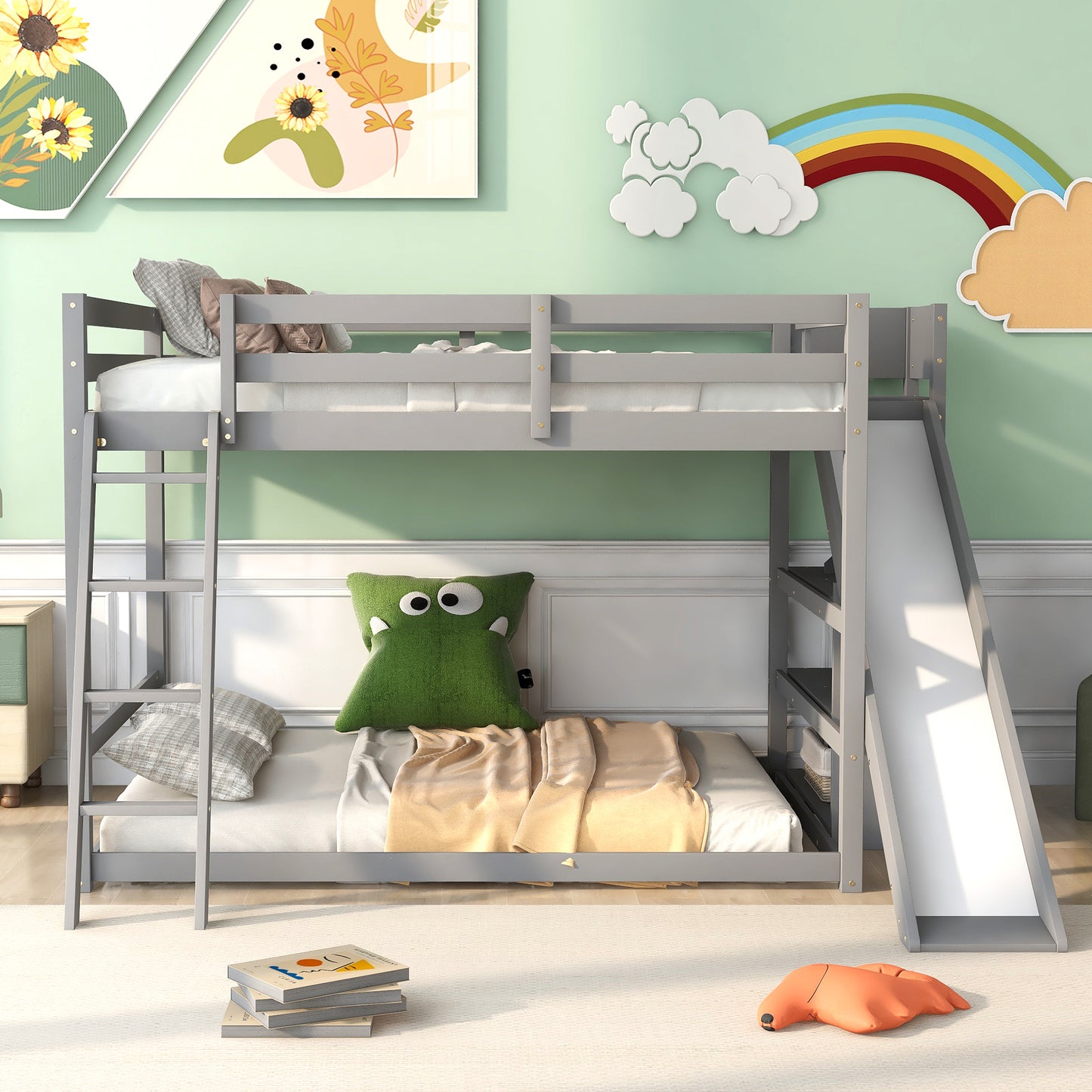 Gray Full Over Full Bunk Bed with Slide, Ladder, and Storage Shelves
